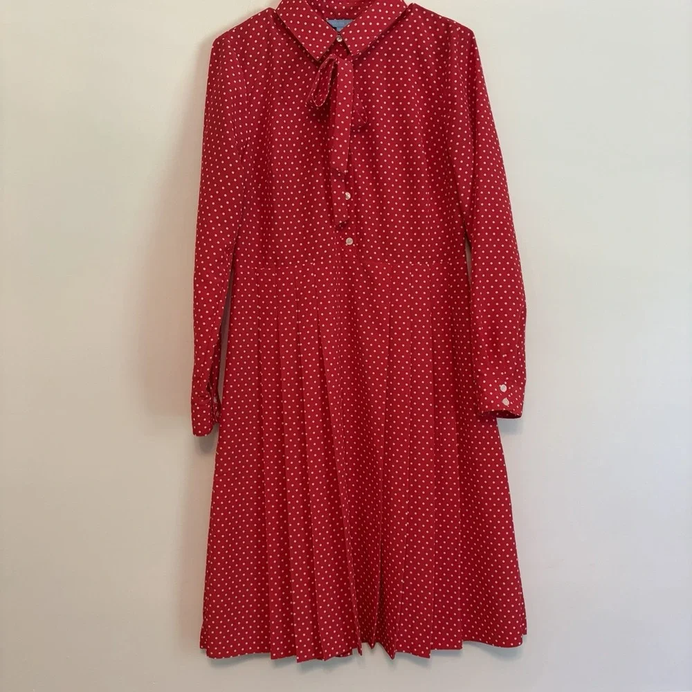Draper James Midi Dress Sz 8 Red Polka Dot Longsleeve‎ Pleats Retro Vintage Vibe